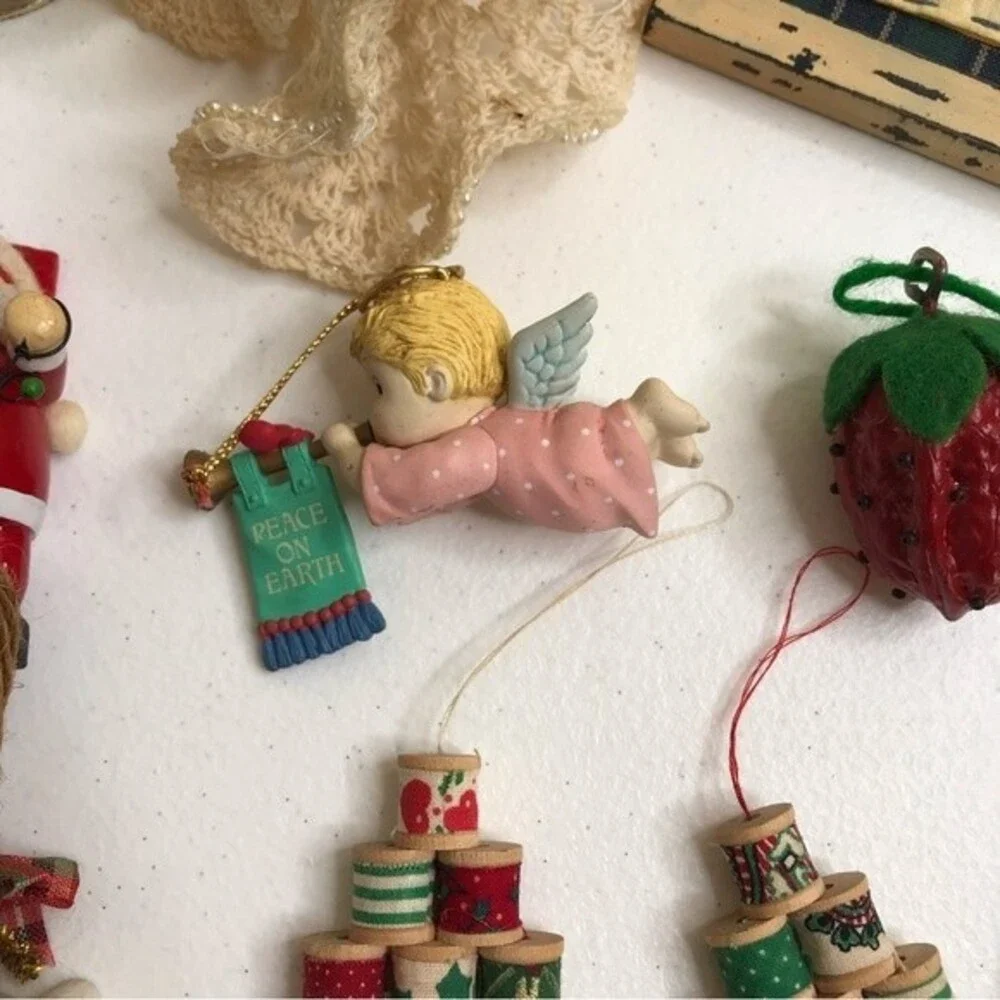 Vintage Assorted Christmas Ornaments Brass Bell Handmade Needlepoint Crochet Lot